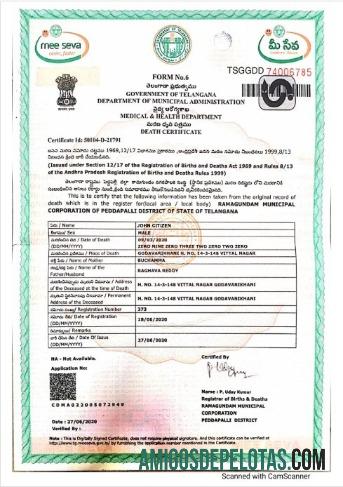 Certidão de óbito do Departamento de Administração Municipal da Índia de Telangana modelo